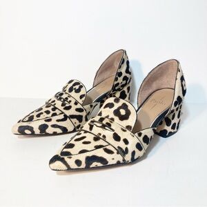 Linea Paolo Calf Hair Leopard Heels Point Toe Animal Print Chunky Block Heel 7